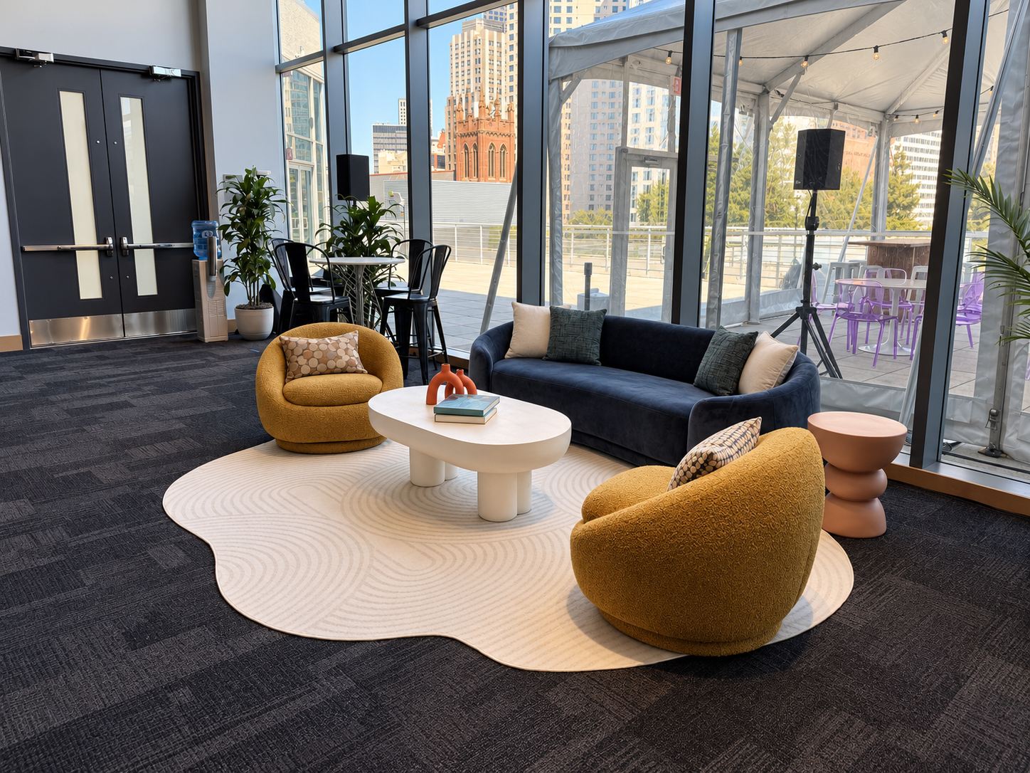 Backlit lounge with city views