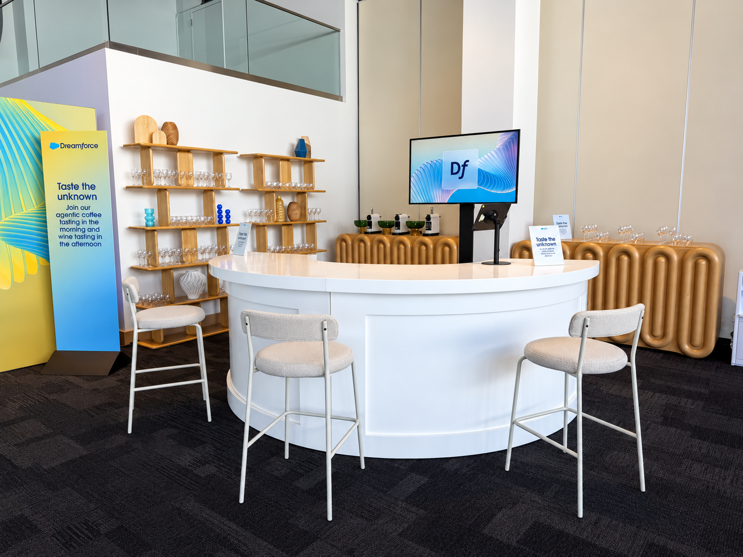 Dreamforce tasting bar with oak shelves