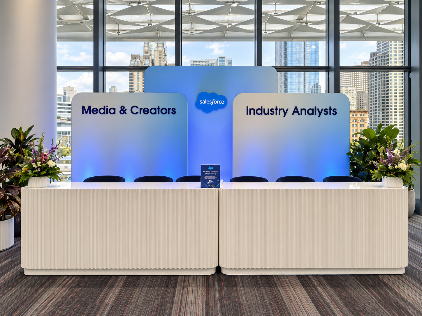 Elegant media check-in against city views