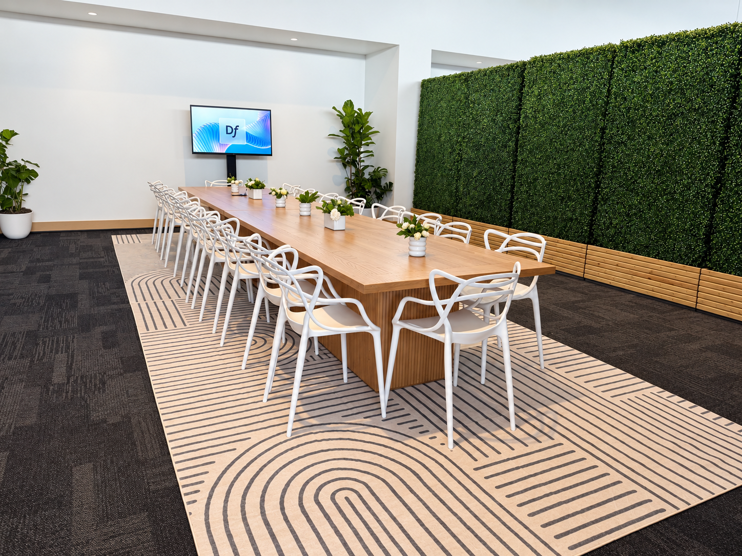 Elegant oak table, white chairs, greenery