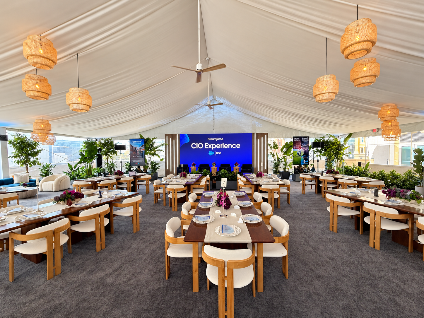 Guest-ready event hall with glowing pendants