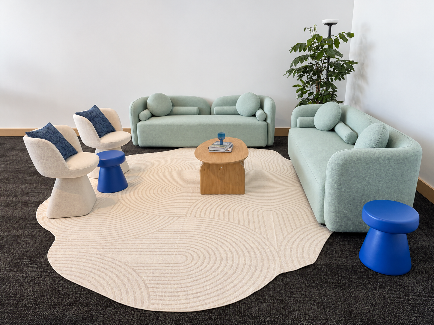 Inviting mint lounge with cobalt accents