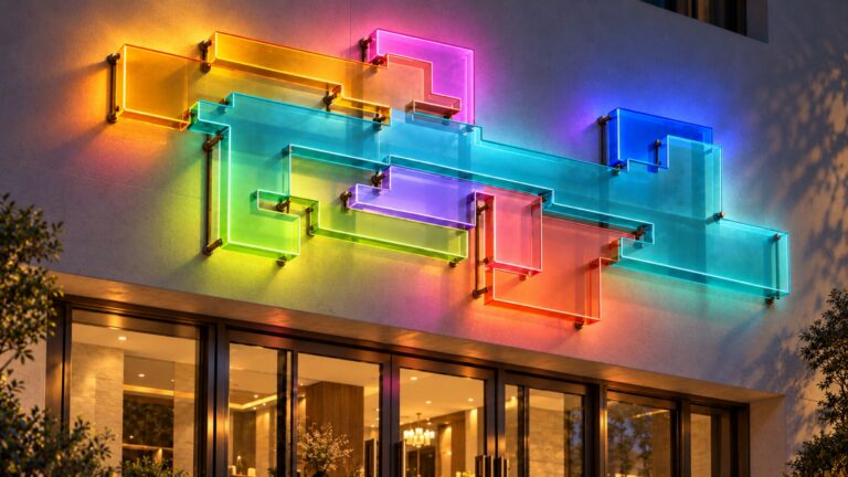 Colored glass illuminated above the hotel entrance at dusk